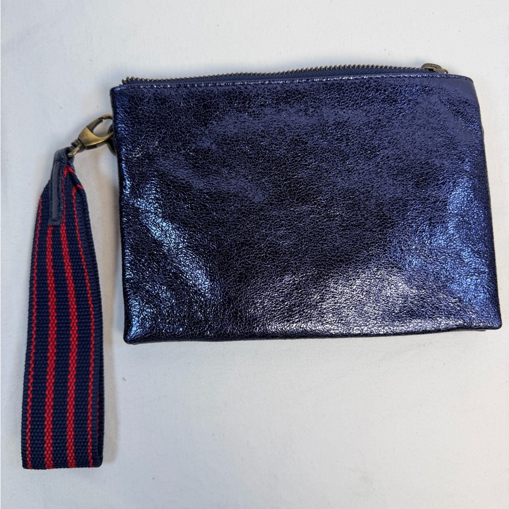 Anthropologie Shiny Navy Wristlet with Red Strap